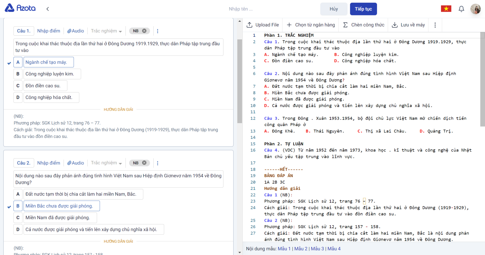 Đề mẫu tham khảo - Hướng dẫn sử dụng Azota