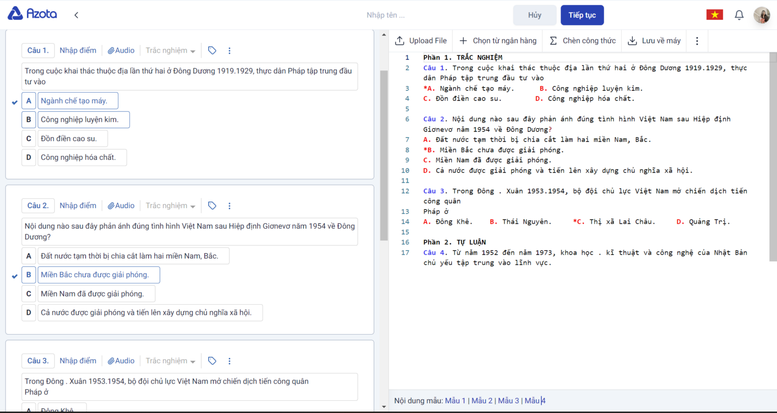 Đề mẫu tham khảo - Hướng dẫn sử dụng Azota